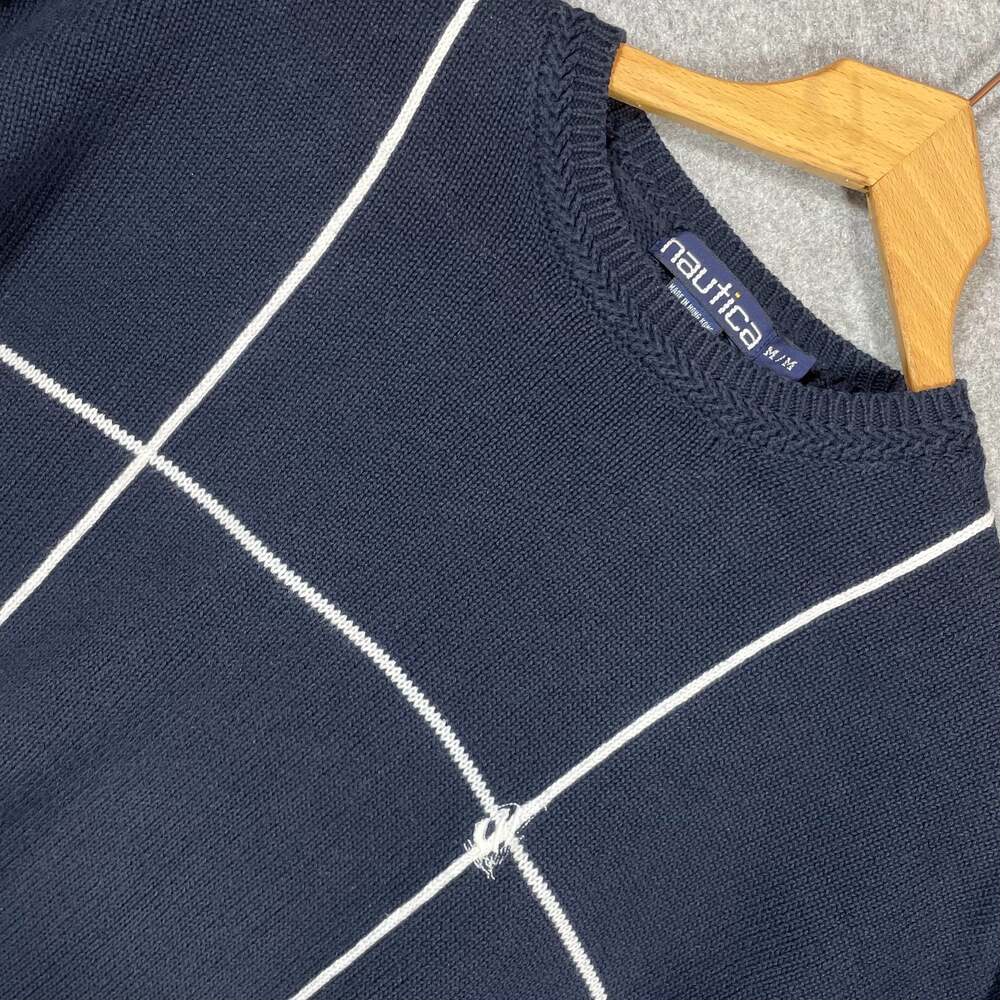 Vintage Nautica 100%‎ Cotton Navy Blue Windowpane Grid Crewneck Sweater
